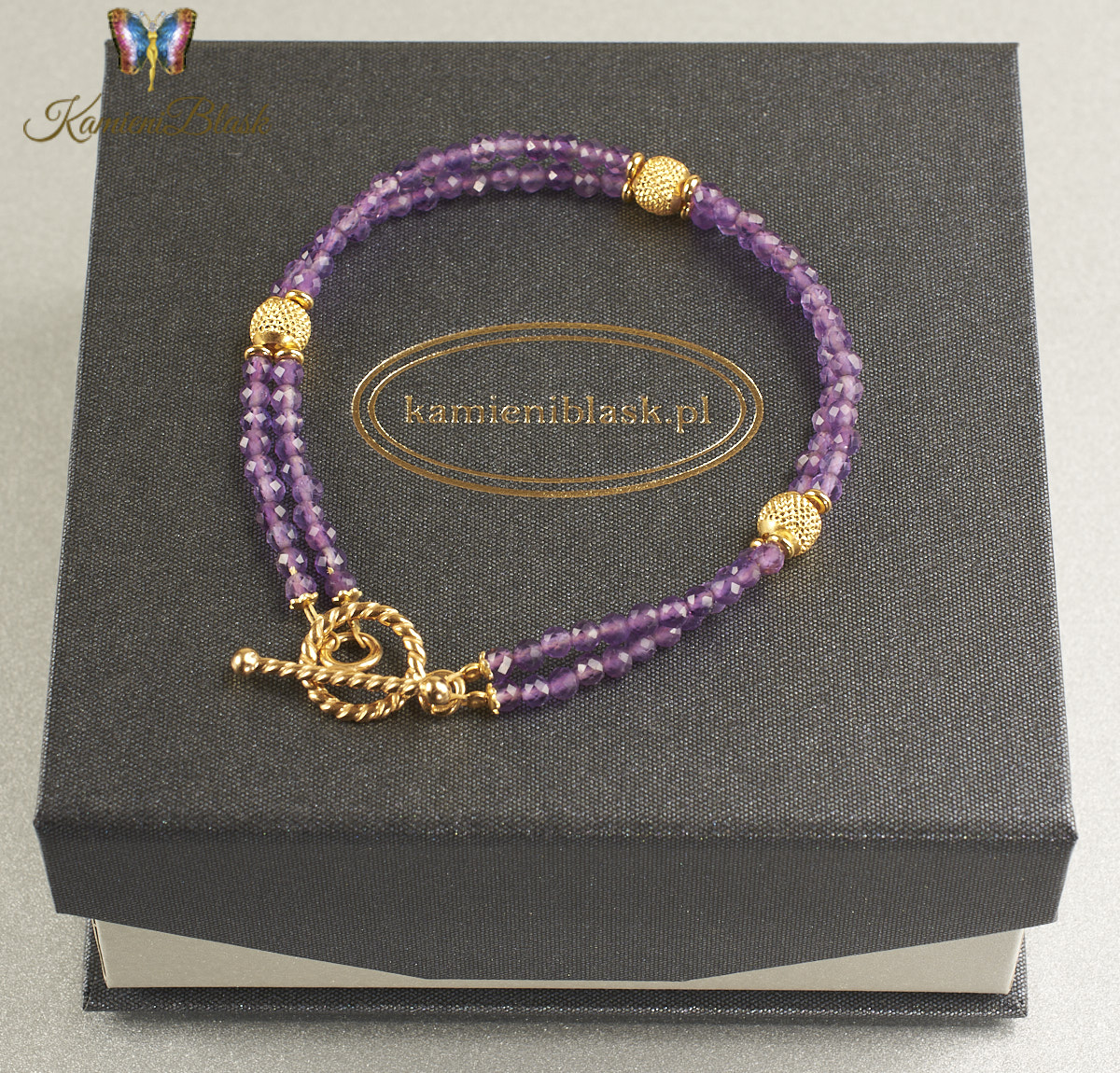 Bransoletka z drobniutkich ametystów w złoconej oprawie