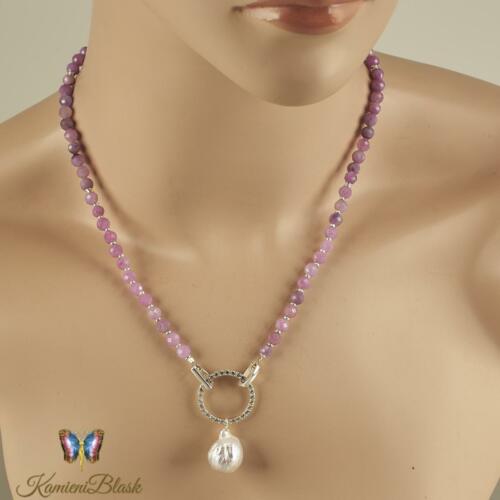 Naszyjnik z naturalnych rubinów oraz perły barokowej